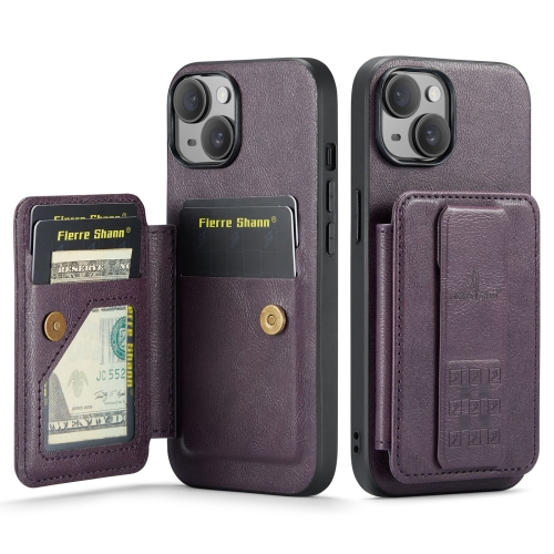 

For iPhone 15 Plus Fierre Shann Oil Wax Cow Leather Card Holder Back Phone Case(Purple)