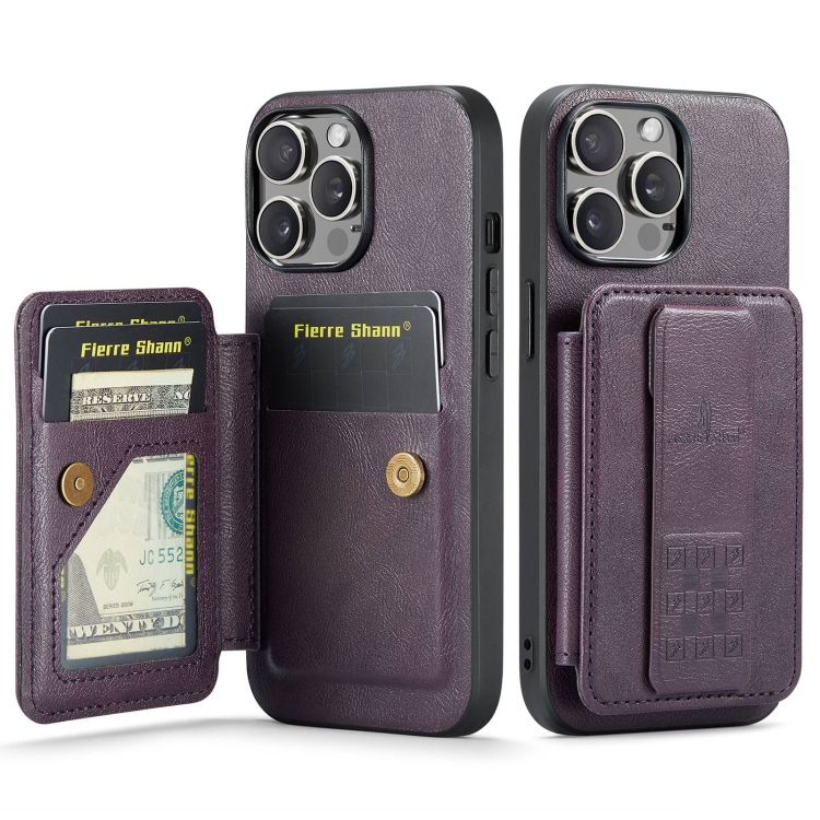 

For iPhone 14 Pro Max Fierre Shann Oil Wax Cow Leather Card Holder Back Phone Case(Purple)