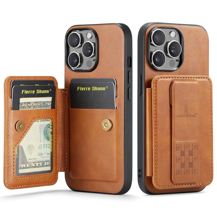 

For iPhone 13 Pro Max Fierre Shann Oil Wax Cow Leather Card Holder Back Phone Case(Brown)
