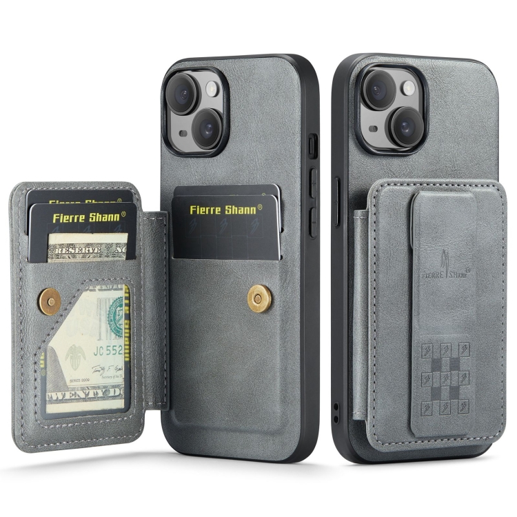 

For iPhone 13 Fierre Shann Oil Wax Cow Leather Card Holder Back Phone Case(Grey)