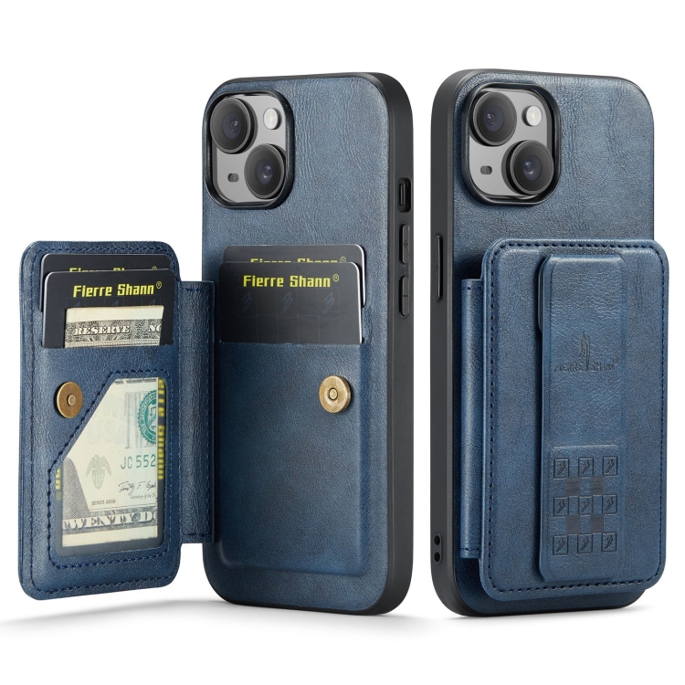 

For iPhone 13 Fierre Shann Oil Wax Cow Leather Card Holder Back Phone Case(Blue)