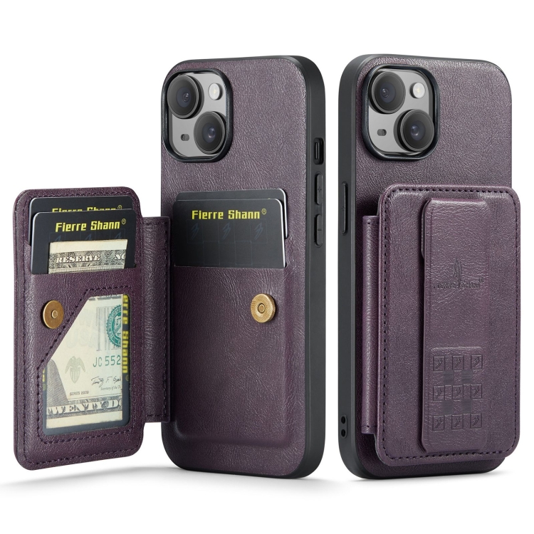 

For iPhone 13 Fierre Shann Oil Wax Cow Leather Card Holder Back Phone Case(Purple)
