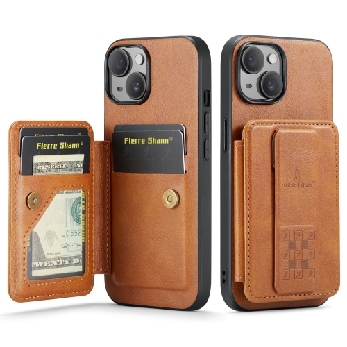 For iPhone 13 Fierre Shann Oil Wax Cow Leather Card Holder Back Phone Case(Brown) for iphone 14 pro max fierre shann oil wax cow leather card holder back phone case green