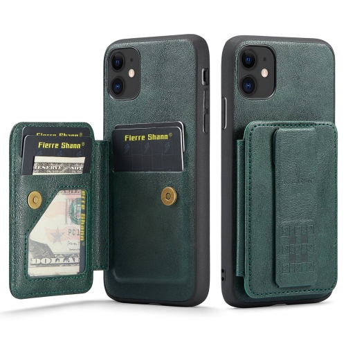 

For iPhone 11 Fierre Shann Oil Wax Cow Leather Card Holder Back Phone Case(Green)