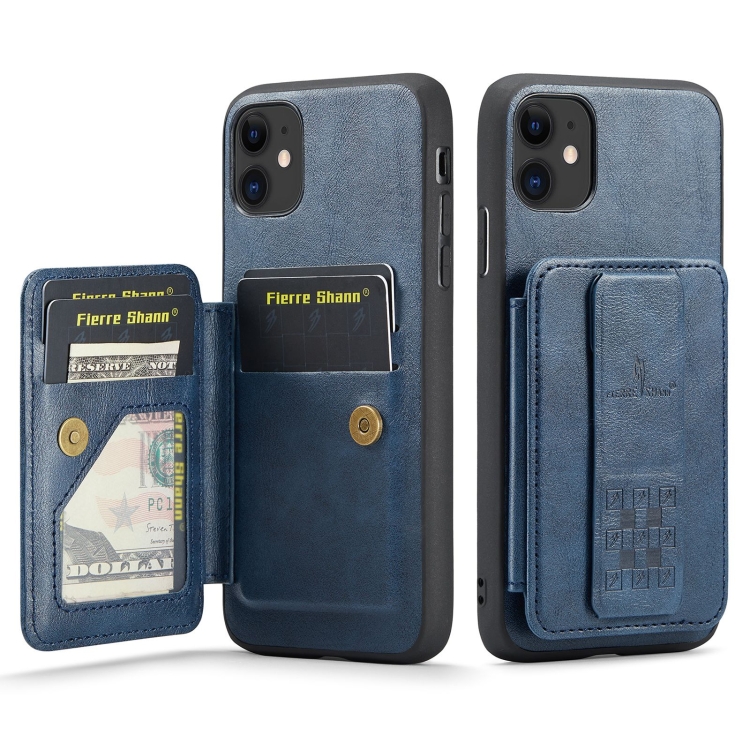 

For iPhone 11 Fierre Shann Oil Wax Cow Leather Card Holder Back Phone Case(Blue)