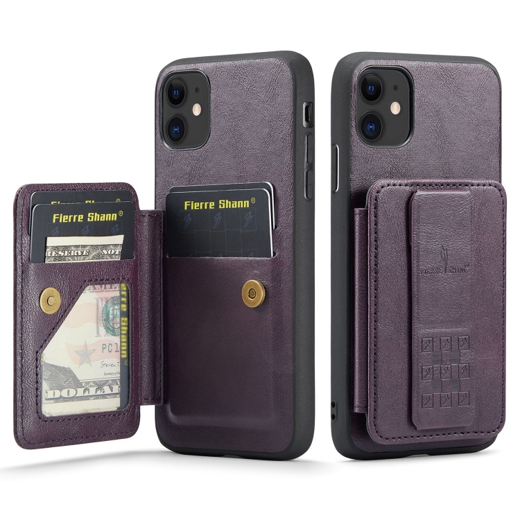 

For iPhone 11 Fierre Shann Oil Wax Cow Leather Card Holder Back Phone Case(Purple)