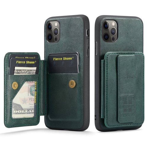 

For iPhone 11 Pro Fierre Shann Oil Wax Cow Leather Card Holder Back Phone Case(Green)