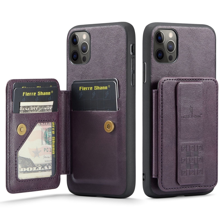 

For iPhone 11 Pro Fierre Shann Oil Wax Cow Leather Card Holder Back Phone Case(Purple)