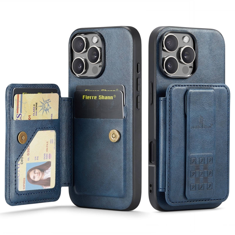 

For iPhone 16 Pro Fierre Shann Oil Wax Cow Leather Card Holder Back Phone Case(Blue)