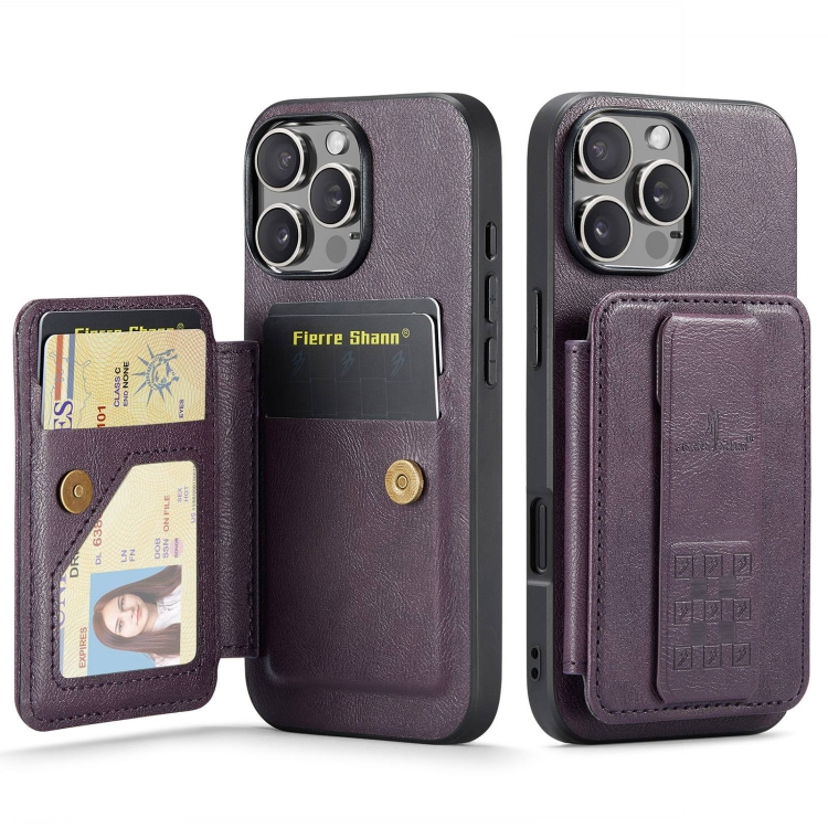 

For iPhone 16 Pro Fierre Shann Oil Wax Cow Leather Card Holder Back Phone Case(Purple)