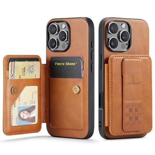 

For iPhone 16 Pro Fierre Shann Oil Wax Cow Leather Card Holder Back Phone Case(Brown)