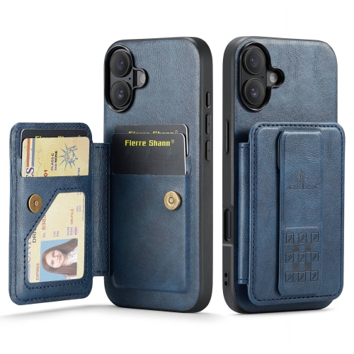 

For iPhone 16 Plus Fierre Shann Oil Wax Cow Leather Card Holder Back Phone Case(Blue)