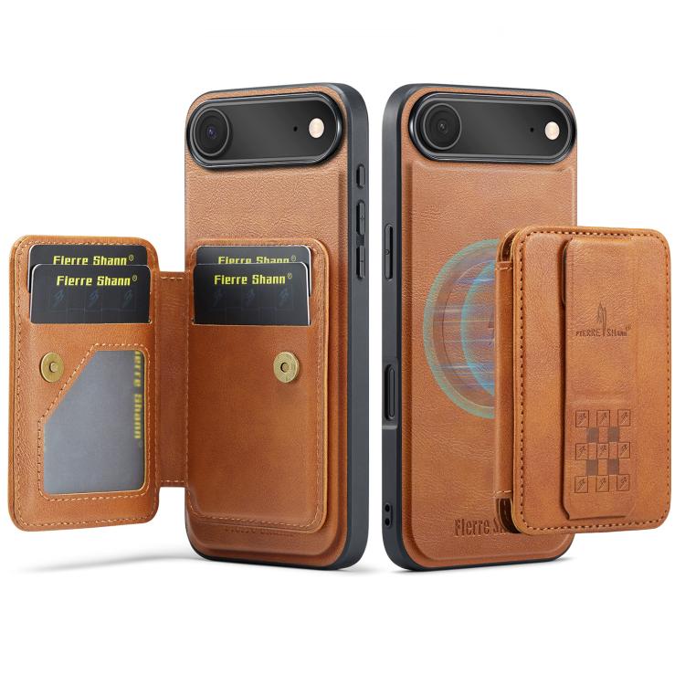 

For iPhone 17 Air Fierre Shann Oil Wax Cow Leather Card Holder Back Phone Case(Brown)