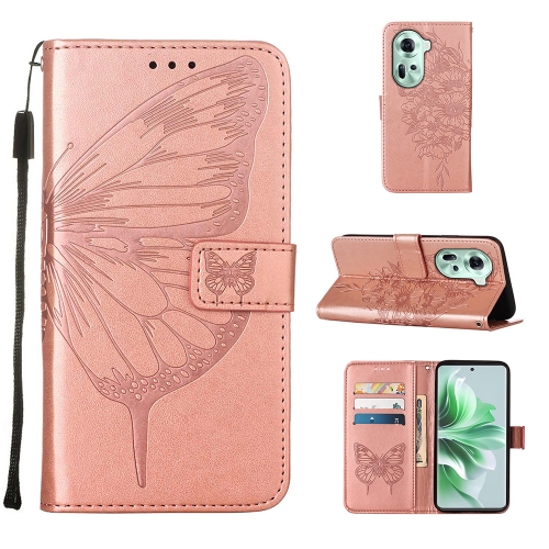 

For OPPO Reno11 5G Global Embossed Butterfly Leather Phone Case(Rose Gold)