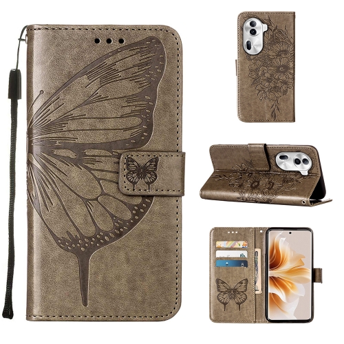 

For OPPO Reno11 Pro 5G Global Embossed Butterfly Leather Phone Case(Grey)