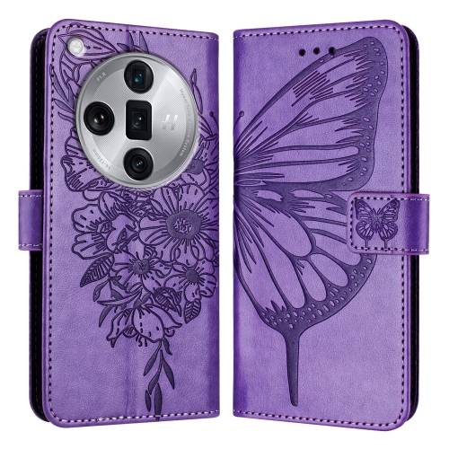 

For OPPO Find X7 Ultra Embossed Butterfly Leather Phone Case(Purple)