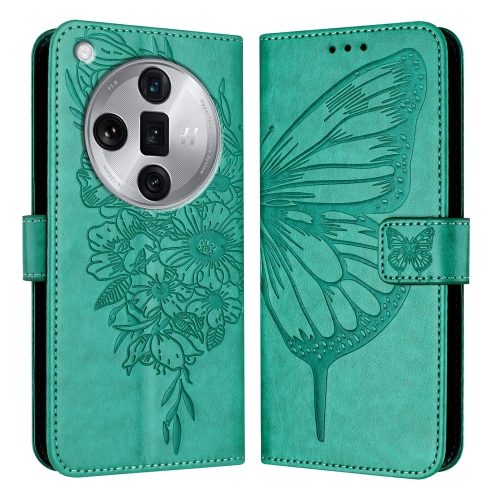 

For OPPO Find X7 Ultra Embossed Butterfly Leather Phone Case(Green)