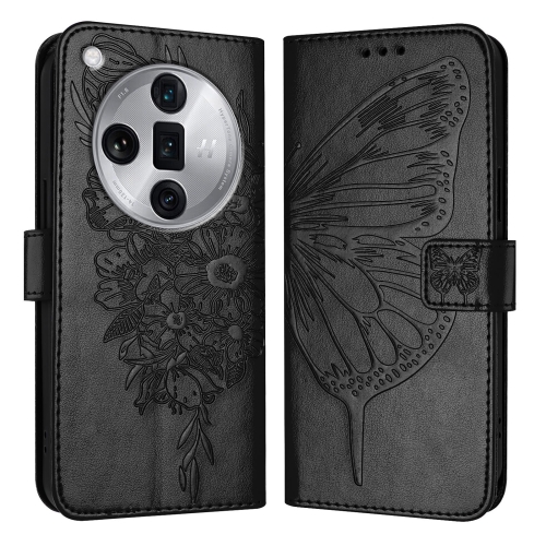 

For OPPO Find X7 Ultra Embossed Butterfly Leather Phone Case(Black)