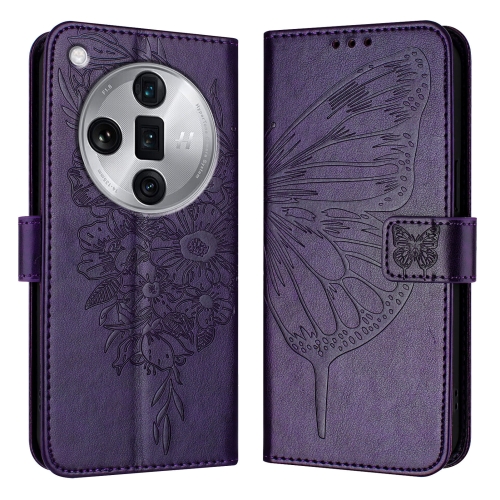

For OPPO Find X7 Ultra Embossed Butterfly Leather Phone Case(Dark Purple)