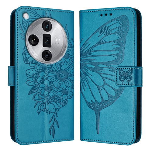 

For OPPO Find X7 Ultra Embossed Butterfly Leather Phone Case(Blue)