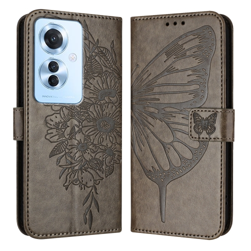 

For OPPO Reno 11F 5G Global Embossed Butterfly Leather Phone Case(Grey)