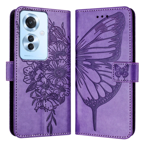 

For OPPO Reno 11F 5G Global Embossed Butterfly Leather Phone Case(Purple)