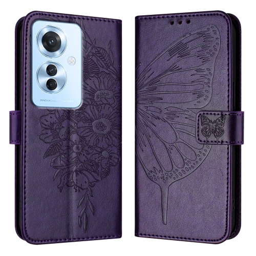 

For OPPO Reno 11F 5G Global Embossed Butterfly Leather Phone Case(Dark Purple)