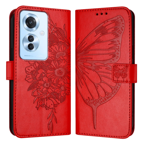 

For OPPO Reno 11F 5G Global Embossed Butterfly Leather Phone Case(Red)