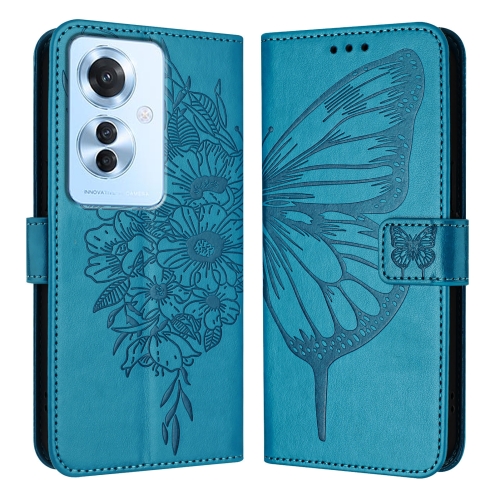 

For OPPO Reno 11F 5G Global Embossed Butterfly Leather Phone Case(Blue)