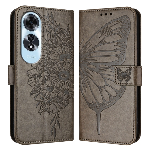 

For OPPO A60 4G Global Embossed Butterfly Leather Phone Case(Grey)