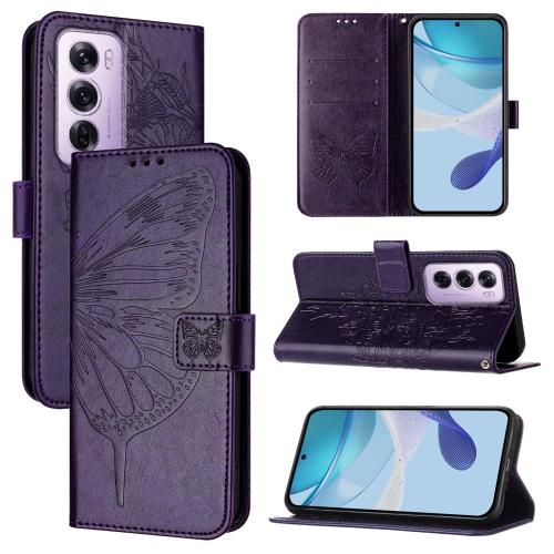 

For OPPO Reno12 Pro 5G Global Embossed Butterfly Leather Phone Case(Dark Purple)