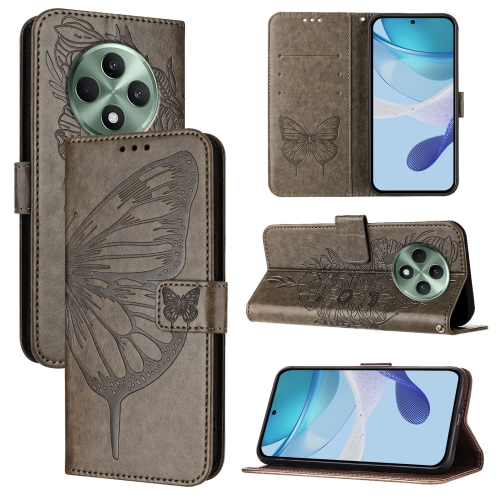 

For OPPO Reno12 F 5G Global Embossed Butterfly Leather Phone Case(Grey)