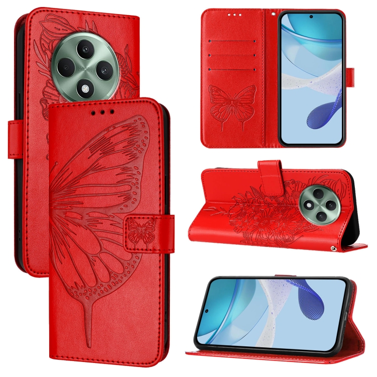 

For OPPO Reno12 F 5G Global Embossed Butterfly Leather Phone Case(Red)
