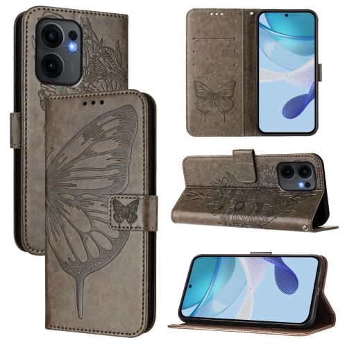 

For OPPO Reno13 F 5G Global Embossed Butterfly Leather Phone Case(Grey)