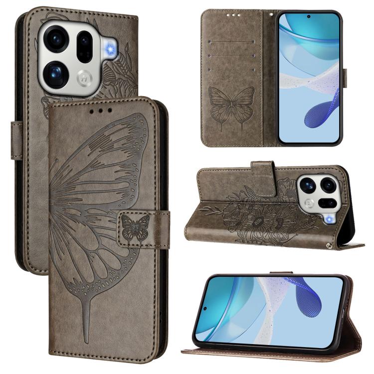 

For OPPO Find X9 Pro Embossed Butterfly Leather Phone Case(Grey)