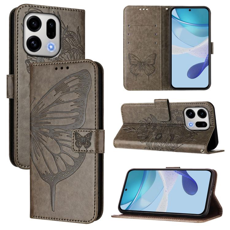

For OPPO Find X9 Embossed Butterfly Leather Phone Case(Grey)