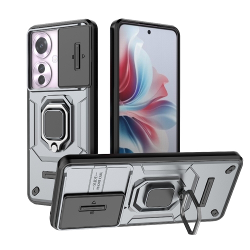 

For OPPO Reno11 F 5G Global Sliding Camshield TPU + PC Shockproof Phone Case with Holder(Grey)