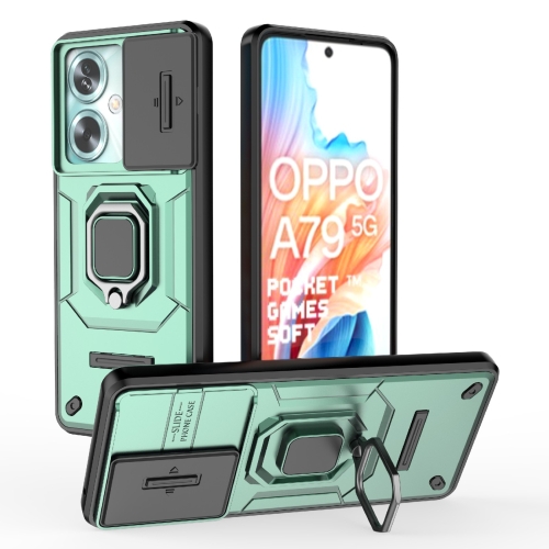 For OPPO A79 5G Global Sliding Camshield TPU + PC Shockproof Phone Case with Holder(Green)