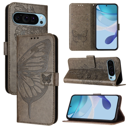 

For Google Pixel 9 Pro XL Embossed Butterfly Leather Phone Case(Grey)