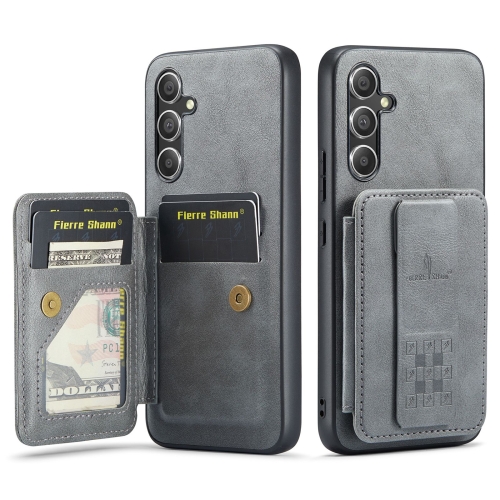 

For Samsung Galaxy S24+ 5G Fierre Shann Oil Wax Cow Leather Card Holder Back Phone Case(Grey)