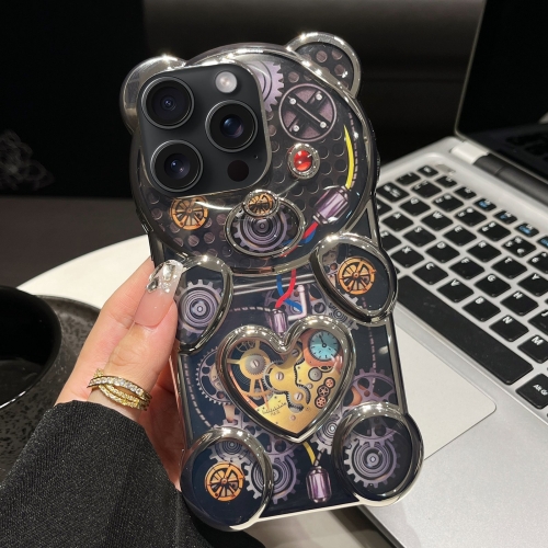 

For iPhone 15 Pro Bear Shaped Embossed Electroplated TPU Phone Case(Silver)