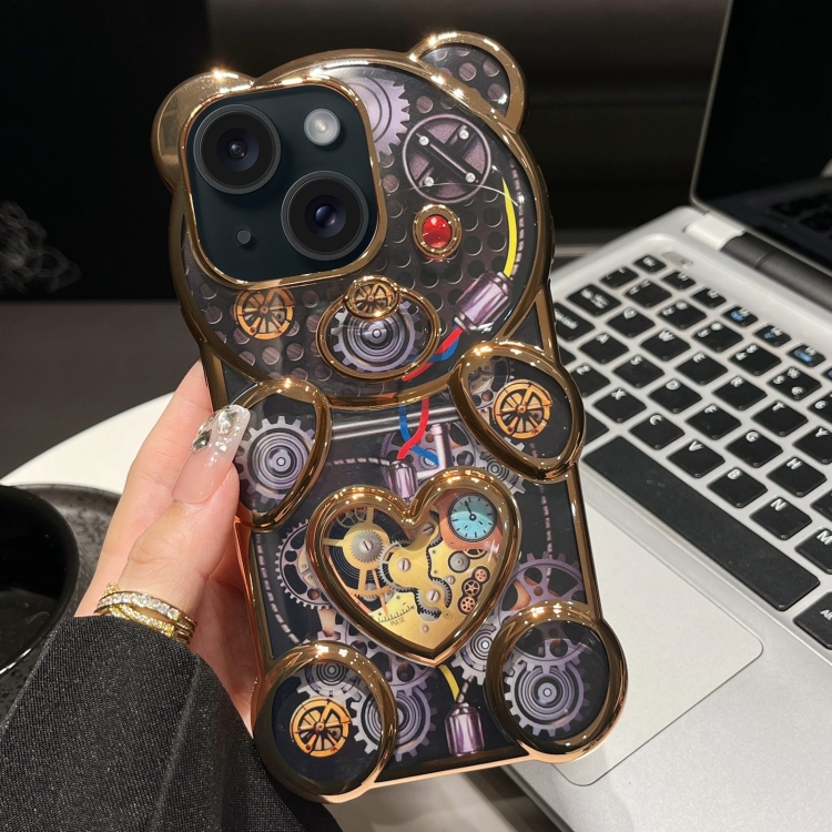 

For iPhone 15 Bear Shaped Embossed Electroplated TPU Phone Case(Gold)