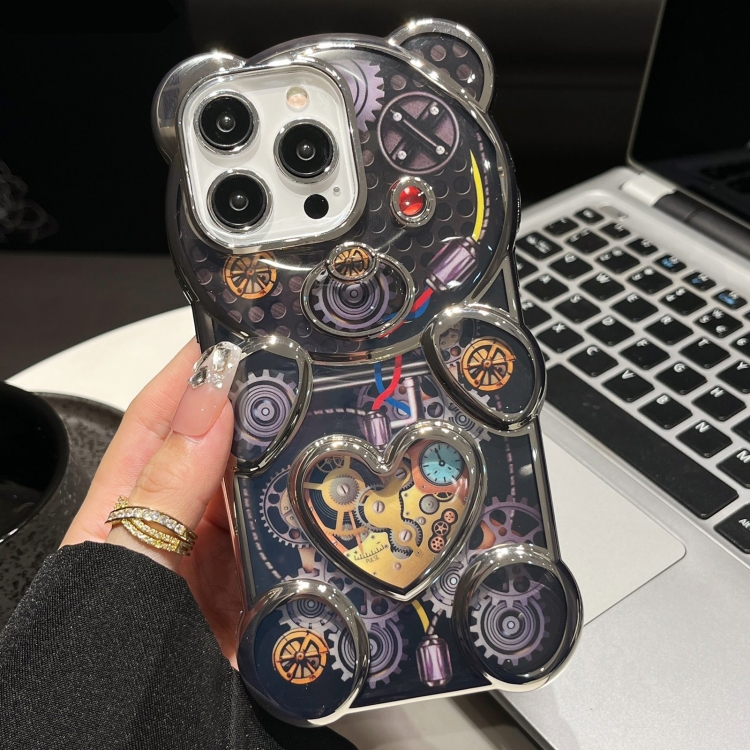 

For iPhone 16 Pro Bear Shaped Embossed Electroplated TPU Phone Case(Silver)