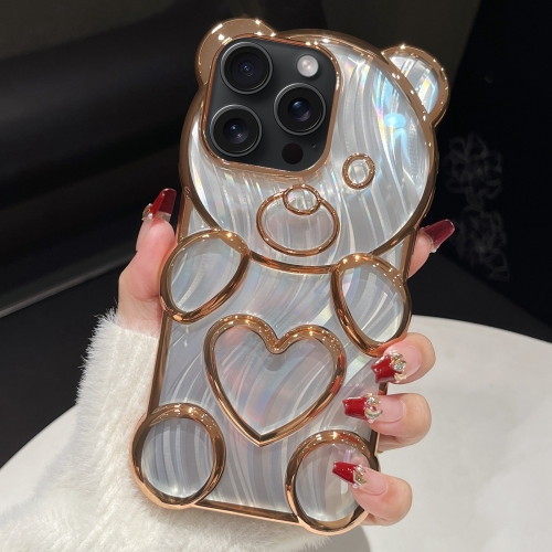 

For iPhone 15 Pro Bear Shaped Embossed Electroplated Laser TPU Phone Case(Gold)