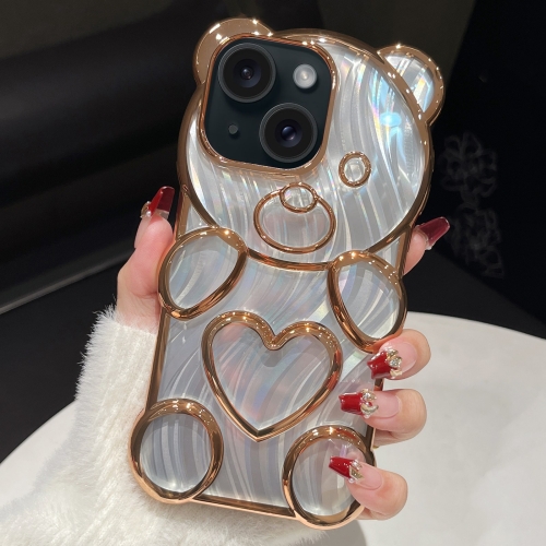 

For iPhone 15 Bear Shaped Embossed Electroplated Laser TPU Phone Case(Gold)