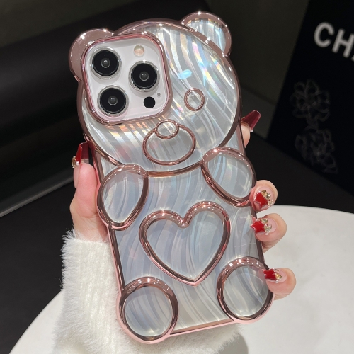 

For iPhone 16 Pro Bear Shaped Embossed Electroplated Laser TPU Phone Case(Pink)