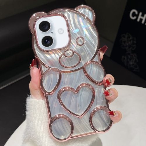 

For iPhone 16 Bear Shaped Embossed Electroplated Laser TPU Phone Case(Pink)