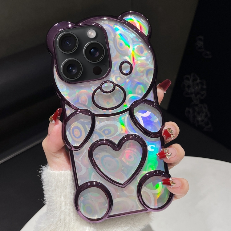

For iPhone 15 Pro Bear Shape Electroplated Laser TPU Phone Case(Purple)