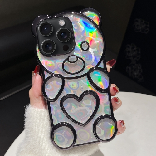 

For iPhone 15 Pro Bear Shape Electroplated Laser TPU Phone Case(Black)