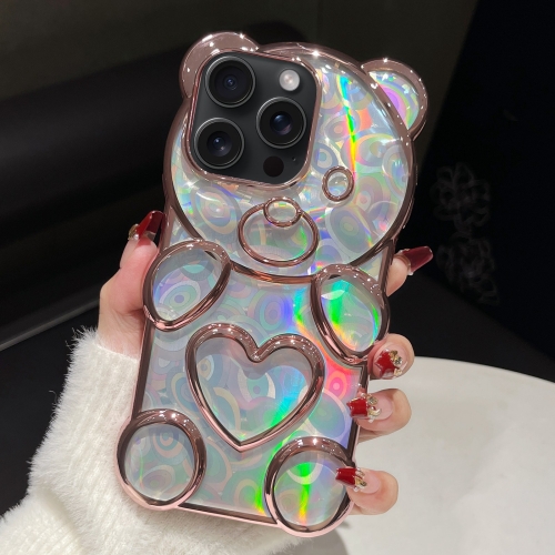 

For iPhone 15 Pro Bear Shape Electroplated Laser TPU Phone Case(Pink)